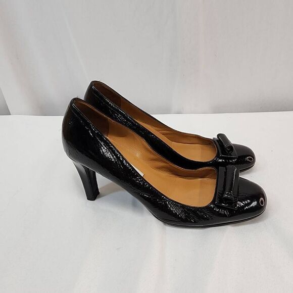 Diana Broussard Size EU 38 US 7.5 Black Patent Leather Heel Pumps Round Toe - Picture 3 of 10
